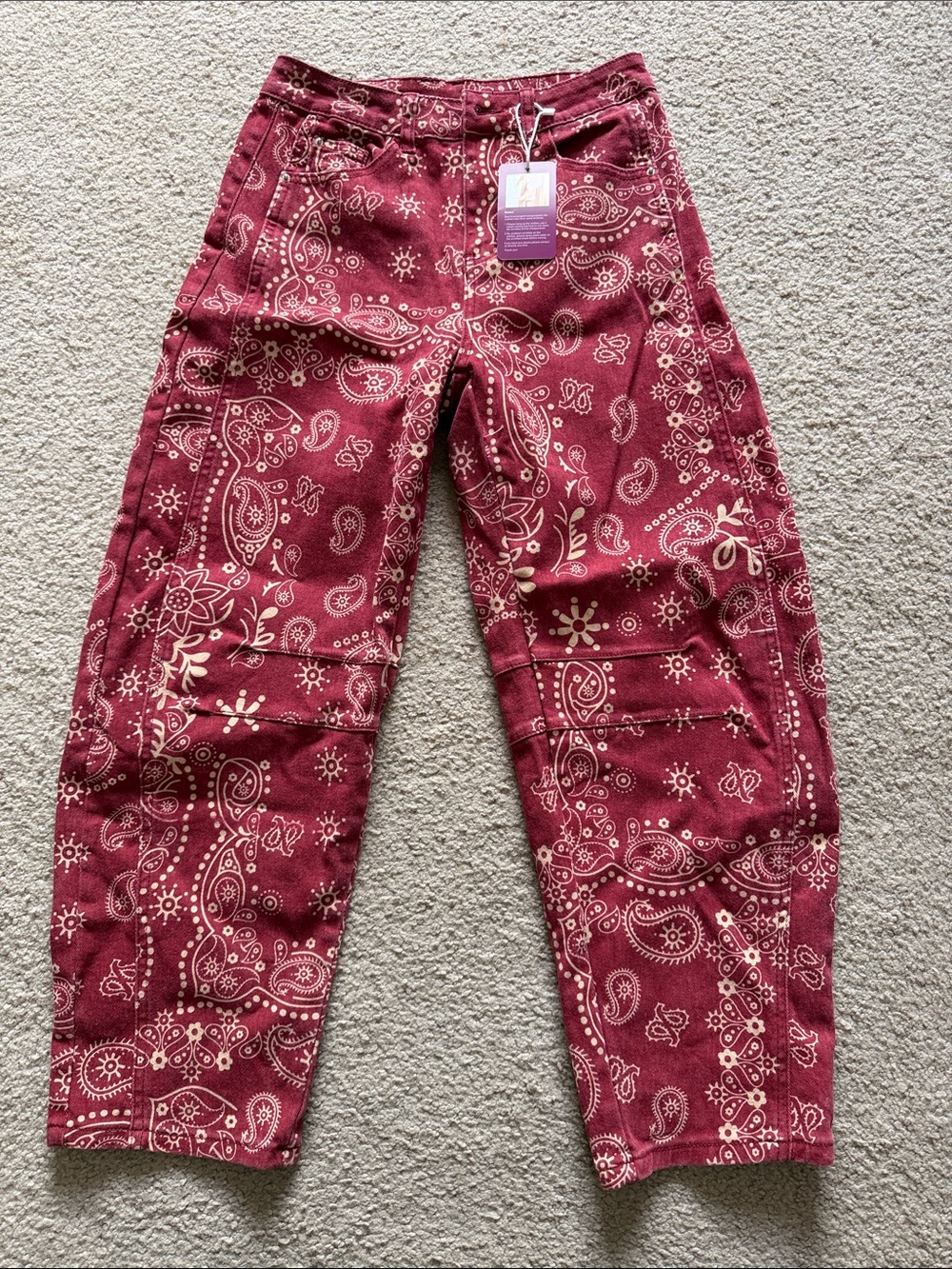 Women’s Barrel Leg Burgundy Paisley Print Jeans